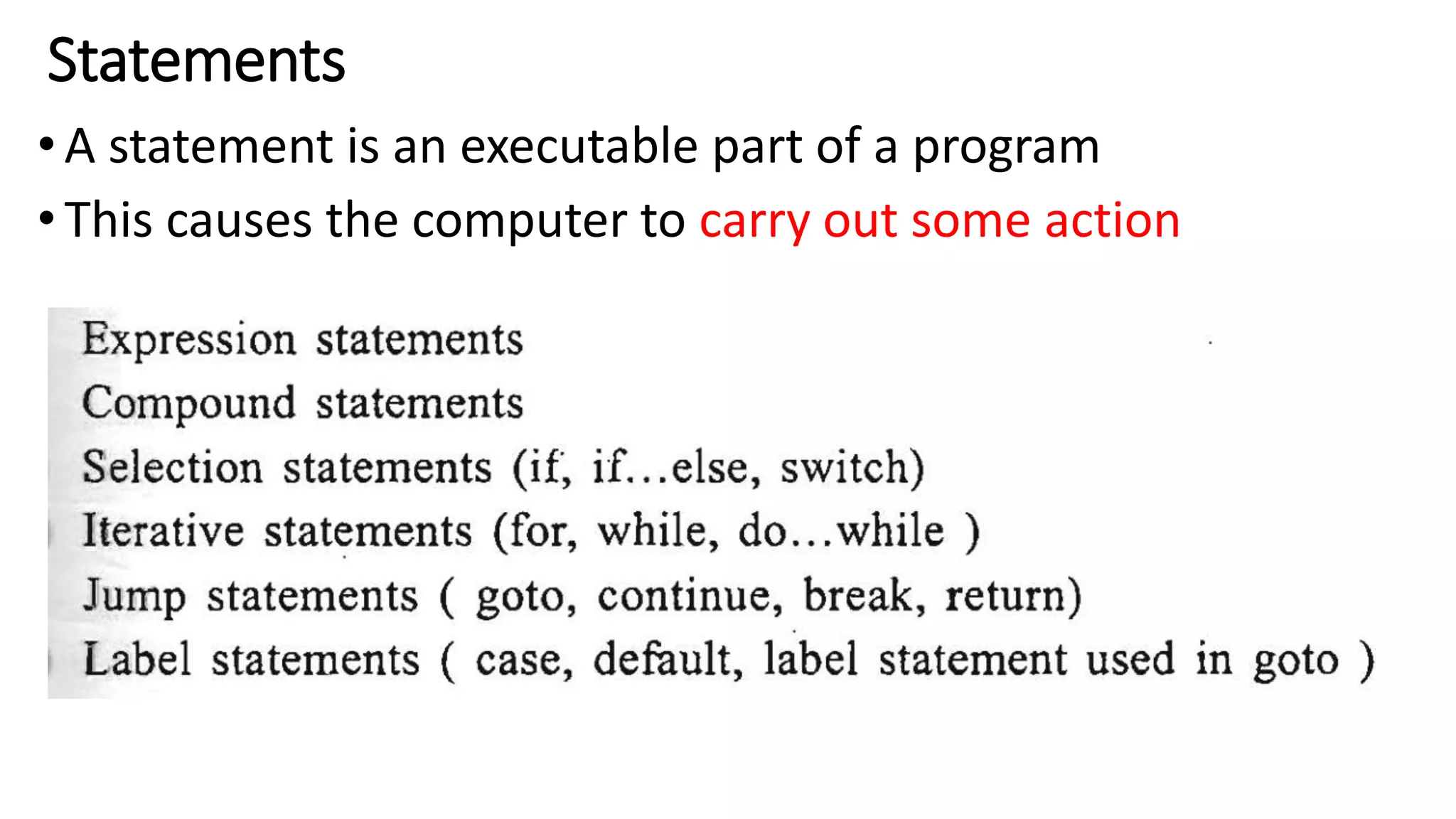 Statements
•A statement is an executable part of a program
•This causes the computer to carry out some action
 