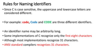 Rules for Naming Identifiers
• Since C is case sensitive, the uppercase and lowercase letters are
considered different.
• For example: code, Code and CODE are three different identifiers.
• An identifier name may be arbitrarily long.
• Some implementations of C recognize only the first eight characters
• Although most implementations recognize 31 characters.
• ANSI standard compilers recognIzes 31 characters.
 