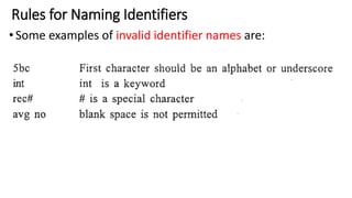 Rules for Naming Identifiers
•Some examples of invalid identifier names are:
 