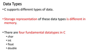 Data Types
•C supports different types of data.
•Storage representation of these data types is different in
memory.
•There are four fundamental datatypes in C
• char
• int
• float
• double
 