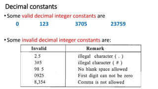 Decimal constants
•Some valid decimal integer constants are
0 123 3705 23759
•Some invalid decimal integer constants are:
 