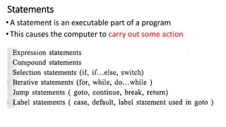 Statements
•A statement is an executable part of a program
•This causes the computer to carry out some action
 