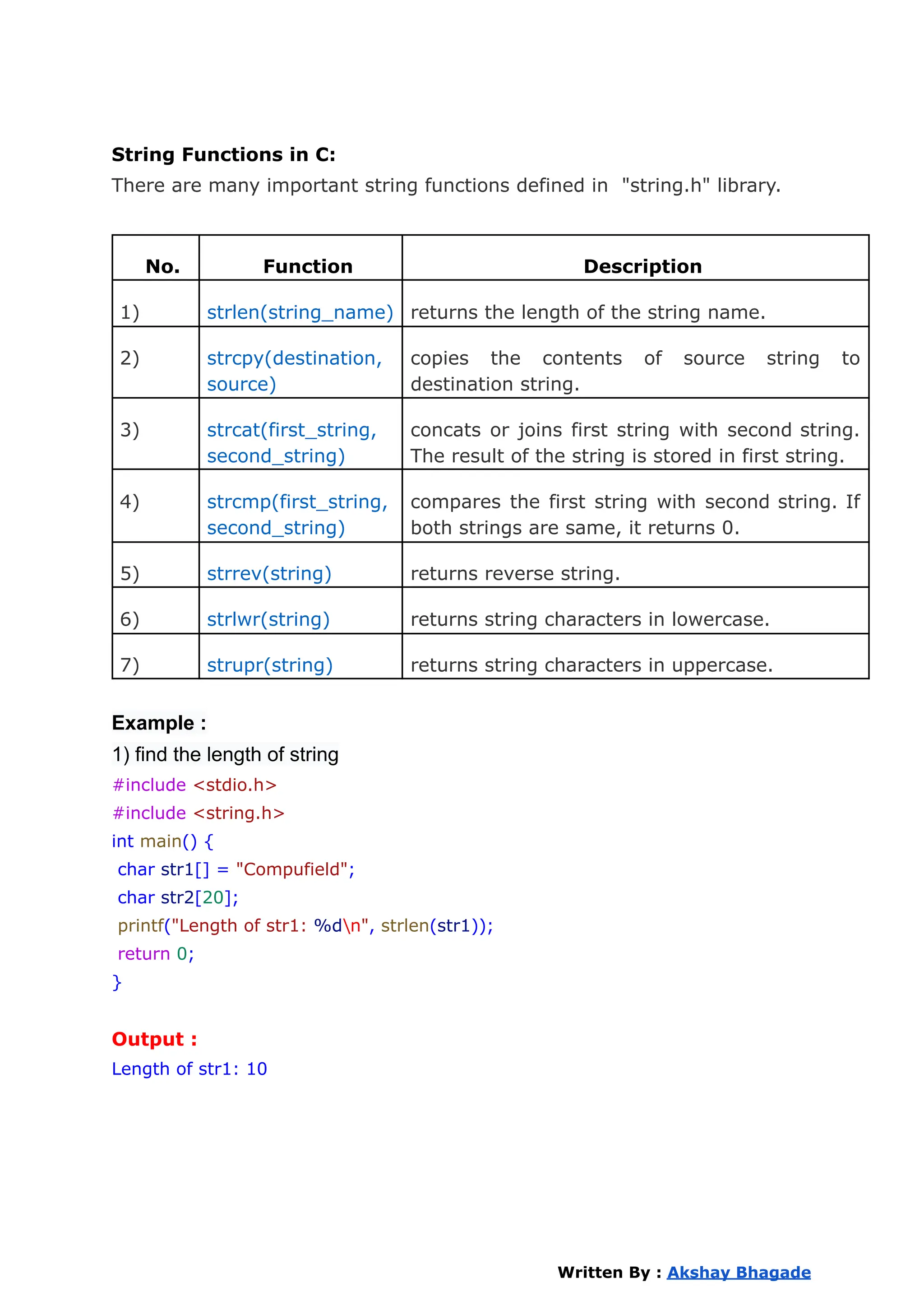 String Functions in C:
There are many important string functions defined in "string.h" library.
No. Function Description
1) strlen(string_name) returns the length of the string name.
2) strcpy(destination,
source)
copies the contents of source string to
destination string.
3) strcat(first_string,
second_string)
concats or joins first string with second string.
The result of the string is stored in first string.
4) strcmp(first_string,
second_string)
compares the first string with second string. If
both strings are same, it returns 0.
5) strrev(string) returns reverse string.
6) strlwr(string) returns string characters in lowercase.
7) strupr(string) returns string characters in uppercase.
Example :
1) find the length of string
#include <stdio.h>
#include <string.h>
int main() {
char str1[] = "Compufield";
char str2[20];
printf("Length of str1: %dn", strlen(str1));
return 0;
}
Output :
Length of str1: 10
Written By : Akshay Bhagade
 