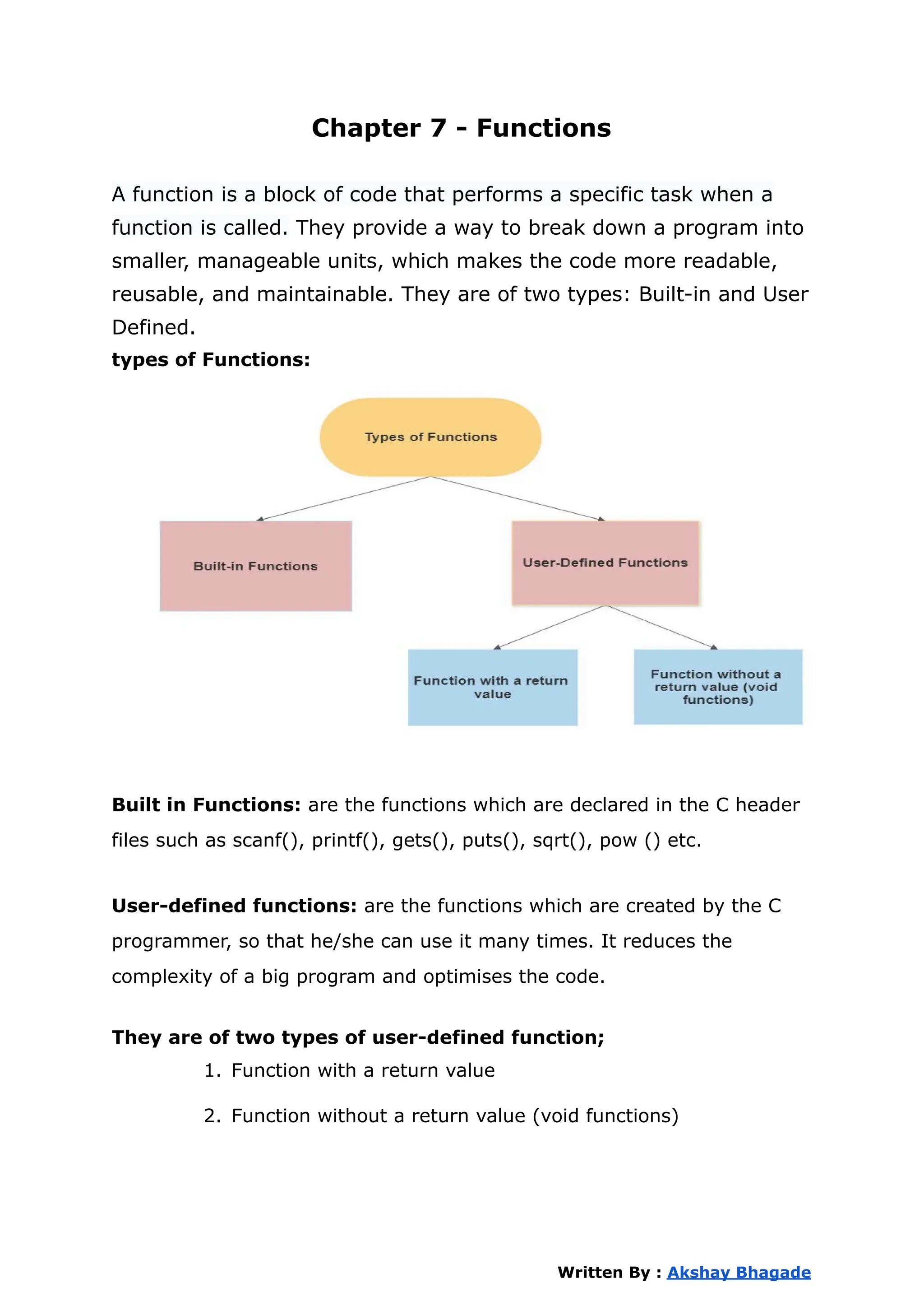 Chapter 7 - Functions
A function is a block of code that performs a specific task when a
function is called. They provide a way to break down a program into
smaller, manageable units, which makes the code more readable,
reusable, and maintainable. They are of two types: Built-in and User
Defined.
types of Functions:
Built in Functions: are the functions which are declared in the C header
files such as scanf(), printf(), gets(), puts(), sqrt(), pow () etc.
User-defined functions: are the functions which are created by the C
programmer, so that he/she can use it many times. It reduces the
complexity of a big program and optimises the code.
They are of two types of user-defined function;
1. Function with a return value
2. Function without a return value (void functions)
Written By : Akshay Bhagade
 