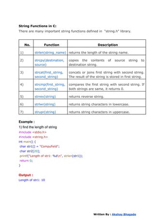 String Functions in C:
There are many important string functions defined in "string.h" library.
No. Function Description
1) strlen(string_name) returns the length of the string name.
2) strcpy(destination,
source)
copies the contents of source string to
destination string.
3) strcat(first_string,
second_string)
concats or joins first string with second string.
The result of the string is stored in first string.
4) strcmp(first_string,
second_string)
compares the first string with second string. If
both strings are same, it returns 0.
5) strrev(string) returns reverse string.
6) strlwr(string) returns string characters in lowercase.
7) strupr(string) returns string characters in uppercase.
Example :
1) find the length of string
#include <stdio.h>
#include <string.h>
int main() {
char str1[] = "Compufield";
char str2[20];
printf("Length of str1: %dn", strlen(str1));
return 0;
}
Output :
Length of str1: 10
Written By : Akshay Bhagade
 