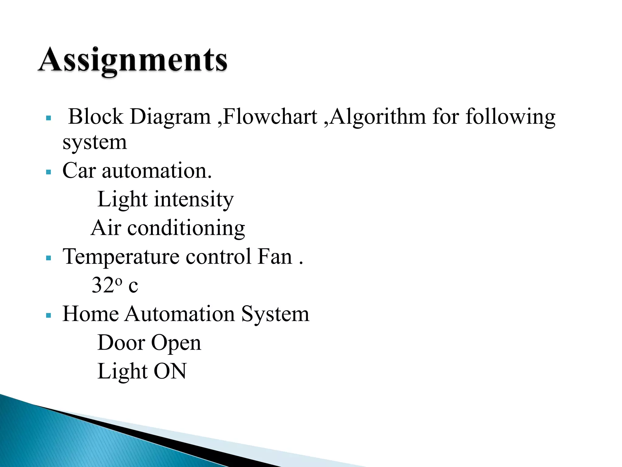  Block Diagram ,Flowchart ,Algorithm for following
system
 Car automation.
Light intensity
Air conditioning
 Temperature control Fan .
32o c
 Home Automation System
Door Open
Light ON
 