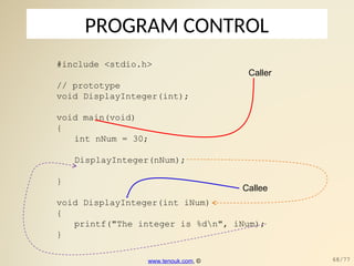 PROGRAM CONTROL
#include <stdio.h>
// prototype
void DisplayInteger(int);
void main(void)
{
int nNum = 30;
DisplayInteger(nNum);
}
void DisplayInteger(int iNum)
{
printf("The integer is %dn", iNum);
}
Caller
Callee
www.tenouk.com, © 68/77
 