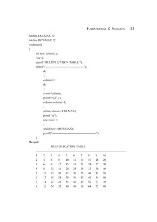 FUNDAMENTALS—C PROGRAMS 53
#define COLMAX 10
#define ROWMAX 12
void main()
{
int row, column, y;
row=1;
printf(“MULTIPLICATION TABLE ”);
printf(“----------------------------------------”);
do
{
column=1;
do
{
y=row*column;
printf(“%d”, y);
column=column +1;
}
while(column<=COLMAX);
printf(“n”);
row=row+1;
}
while(row<=ROWMAX);
printf(“---------------------------------------------”)
}
Output:
MULTIPLICATION TABLE
-------------------------------------------------------------------------------------------
1 2 3 4 5 6 7 8 9 10
2 4 6 8 10 12 14 16 18 20
3 6 9 12 15 18 21 24 27 30
4 8 12 16 20 24 28 32 36 40
5 10 15 20 25 30 35 40 45 50
6 12 18 24 30 36 42 48 54 60
7 14 21 28 35 42 49 56 63 70
8 16 24 32 40 48 56 64 72 80
 
