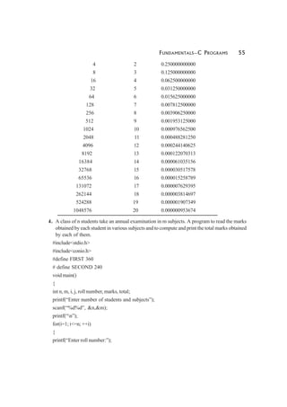 FUNDAMENTALS—C PROGRAMS 55
4 2 0.250000000000
8 3 0.125000000000
16 4 0.062500000000
32 5 0.031250000000
64 6 0.015625000000
128 7 0.007812500000
256 8 0.003906250000
512 9 0.001953125000
1024 10 0.000976562500
2048 11 0.000488281250
4096 12 0.000244140625
8192 13 0.000122070313
16384 14 0.000061035156
32768 15 0.000030517578
65536 16 0.000015258789
131072 17 0.000007629395
262144 18 0.000003814697
524288 19 0.000001907349
1048576 20 0.000000953674
4. A class of n students take an annual examination in m subjects. A program to read the marks
obtained by each student in various subjects and to compute and print the total marks obtained
by each of them.
#include<stdio.h>
#include<conio.h>
#define FIRST 360
# define SECOND 240
void main()
{
int n, m, i, j, roll number, marks, total;
printf(“Enter number of students and subjects”);
scanf(“%d%d”, &n,&m);
printf(“n”);
for(i=1; i<=n; ++i)
{
printf(“Enter roll number:”);
 