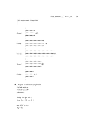 FUNDAMENTALS—C PROGRAMS 63
Enter employees in Group -5:11
11
|
|************
Group-1 |************ (12)
|************
|
|***********************
Group-2 |***********************(23)
|***********************
|
|***********************************
Group-3 |***********************************(35)
|***********************************
|
|********************
Group-4 |********************(20)
|********************
|
|***********
Group-5 |***********(11)
|***********
|
10. Program of minimum cost problem.
#include<stdio.h>
#include<conio.h>
void main()
{
float p, cost, p1, cost1;
for(p=0; p<=10; p=p+0.1)
{
cost=40-8*p+p*p;
if(p= =0)
 