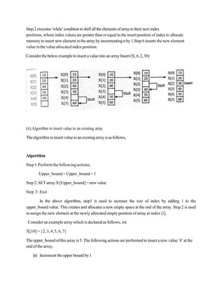 Step 2 executes‘while’conditiontoshift alltheelementsofarraytotheir next index
positions, whoseindex values are greater thanor equal totheinsert position of index to allocate
memorytoinsert new element inthearraybyincrementingnby1.Step 6 inserts thenew element
valueinthevalueallocatedindexposition.
Considerthebelowexampletoinsert avalueintoanarrayInsert (X,6,2,30)
(ii).Algorithm to insert value to an existing array
Thealgorithmtoinsert valuetoanexistingarrayisasfollows,
Algorithm
Step1:Performthefollowingactions;
Upper_bound =Upper_bound+ 1
Step2:SETarrayX[Upper_bound]=newvalue
Step 3: Exit
In the above algorithm, step1 is used to increase the size of index by adding 1 to the
upper_bound value. This creates and allocates a new empty space at the end of the array. Step 2 is used
to assign the new element at the newly allocated empty position of array at index [i].
Consider an example arraywhich is declared as follows, int
X[10] ={2,3,4,5, 6, 7}
Theupper_boundofthisarrayis5. Thefollowingactions areperformed to insert a new value‘8’atthe
endofthearray,
(a) Increment the upper bound by1
 