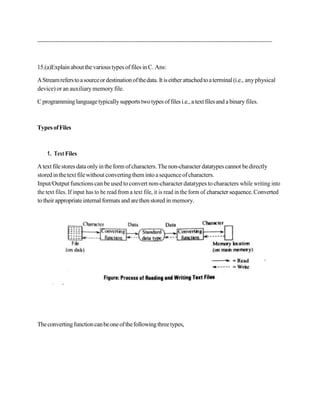 15.(a)Explainaboutthevarioustypes offiles inC. Ans:
AStreamreferstoasourceordestinationofthedata. Itiseither attachedtoaterminal(i.e., anyphysical
device) or an auxiliarymemory file.
Cprogramminglanguagetypicallysupportstwotypes offilesi.e., a textfilesand a binary files.
TypesofFiles
1. Text Files
Atext filestores data onlyintheform ofcharacters. Thenon-characterdatatypes cannot bedirectly
storedinthetext filewithoutconvertingthemintoasequenceofcharacters.
Input/Output functions can be used to convert non-character datatypes to characters while writing into
the text files. If input has to be read from a text file, it is read in the form of character sequence. Converted
totheir appropriateinternal formats and arethen stored in memory.
Theconvertingfunctioncanbeoneofthefollowingthreetypes,
 