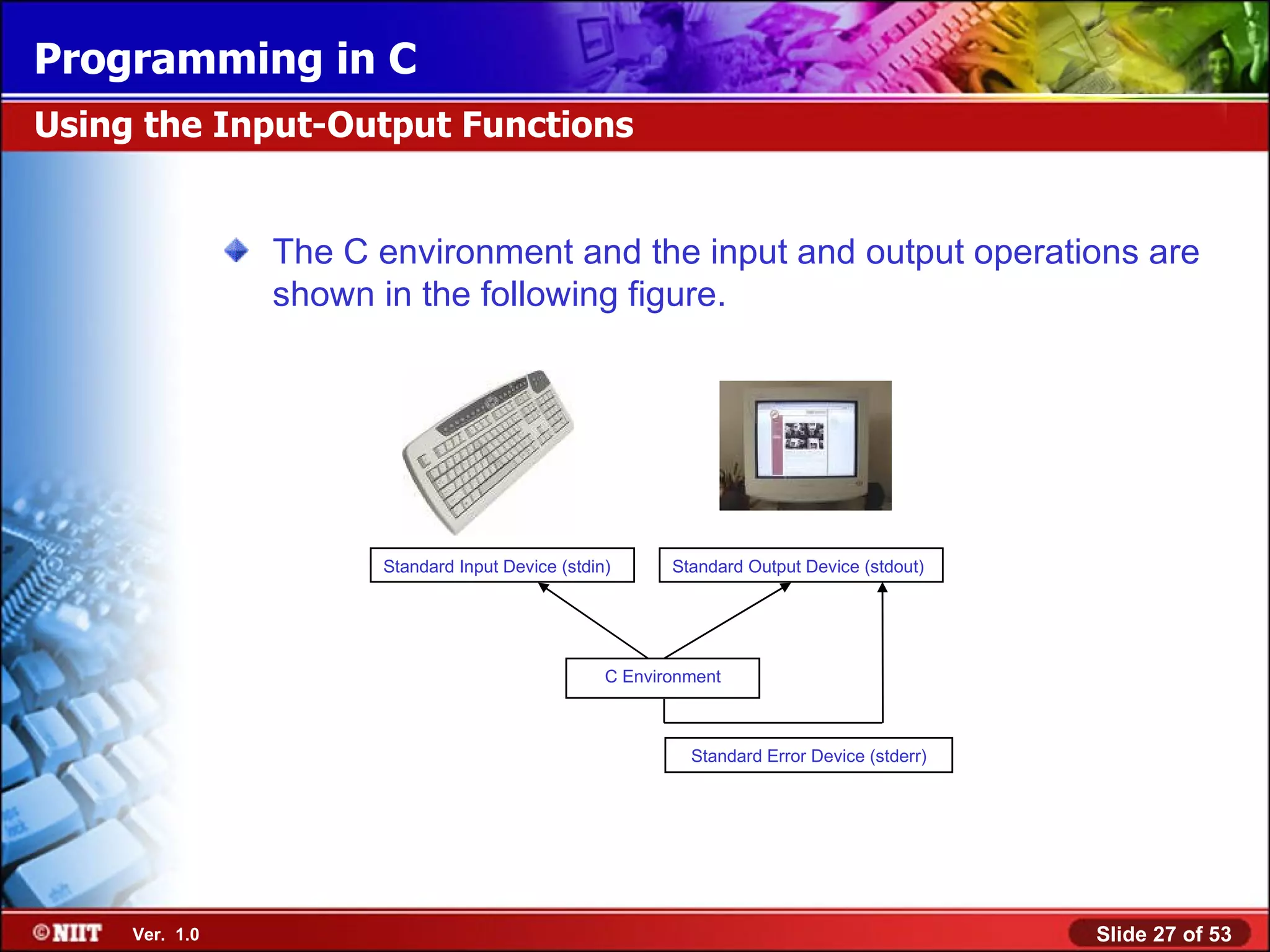 Using the Input-Output Functions The C environment and the input and output operations are shown in the following figure. C Environment Standard Error Device (stderr) Standard Input Device (stdin) Standard Output Device (stdout) 
