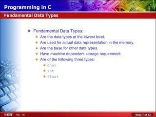 Fundamental Data Types: Are the data types at the lowest level. Are used for actual data representation in the memory. Are the base for other data types. Have machine dependent storage requirement. Are of the following three types: char int float Fundamental Data Types 