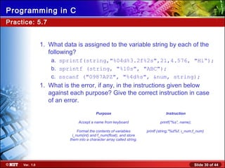 Slide 30 of 44Ver. 1.0
Programming in C
Practice: 5.7
1. What data is assigned to the variable string by each of the
following?
a. sprintf(string,"%04d%3.2f%2s",21,4.576, "Hi“);
b. sprintf (string, "%10s", "ABC");
c. sscanf ("0987APZ", "%4d%s", &num, string);
1. What is the error, if any, in the instructions given below
against each purpose? Give the correct instruction in case
of an error.
Purpose Instruction
Accept a name from keyboard printf(“%s”, name);
Format the contents of variables
i_num(int) and f_num(float), and store
them into a character array called string.
printf (string,"%d%f, i_num,f_num)
 