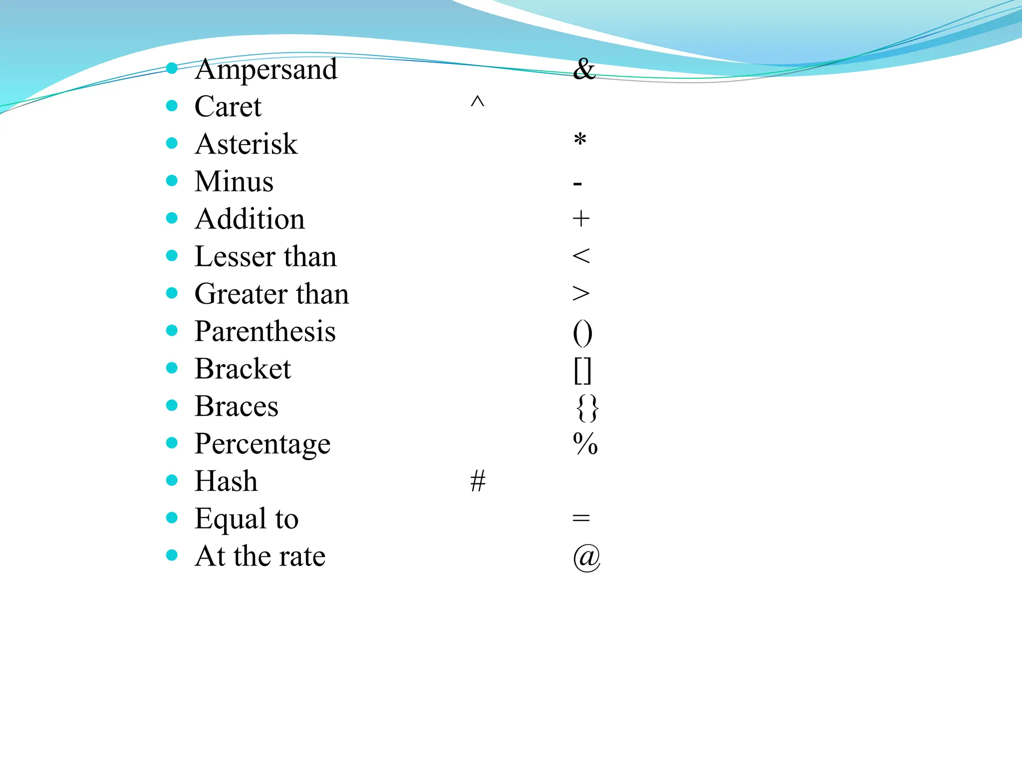  Ampersand &
 Caret ^
 Asterisk *
 Minus -
 Addition +
 Lesser than <
 Greater than >
 Parenthesis ()
 Bracket []
 Braces {}
 Percentage %
 Hash #
 Equal to =
 At the rate @
 