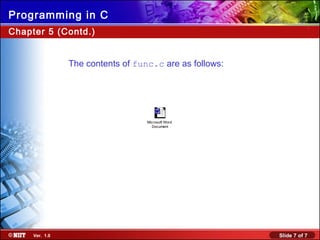 Slide 7 of 7Ver. 1.0
Programming in C
Chapter 5 (Contd.)
The contents of func.c are as follows:
Microsoft Word
Document
 