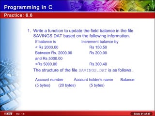 Slide 31 of 37Ver. 1.0
Programming in C
Practice: 6.6
1. Write a function to update the field balance in the file
SAVINGS.DAT based on the following information.
If balance is Increment balance by
< Rs 2000.00 Rs 150.50
Between Rs. 2000.00 Rs 200.00
and Rs 5000.00
<Rs 5000.00 Rs 300.40
The structure of the file SAVINGS.DAT is as follows.
Account number Account holder's name Balance
(5 bytes) (20 bytes) (5 bytes)
 