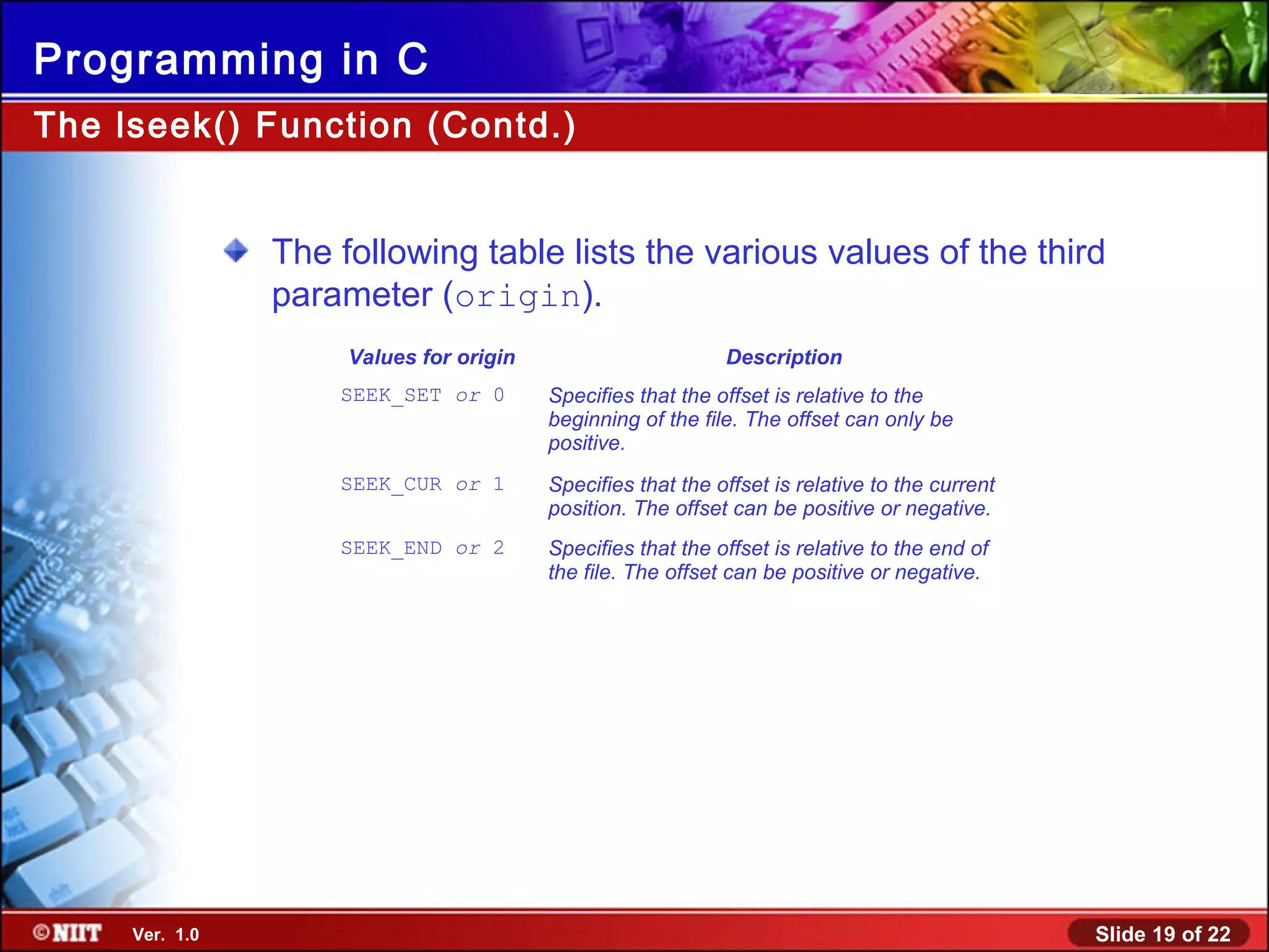 Slide 19 of 22Ver. 1.0
Programming in C
The following table lists the various values of the third
parameter (origin).
The lseek() Function (Contd.)
Values for origin Description
SEEK_SET or 0 Specifies that the offset is relative to the
beginning of the file. The offset can only be
positive.
SEEK_CUR or 1 Specifies that the offset is relative to the current
position. The offset can be positive or negative.
SEEK_END or 2 Specifies that the offset is relative to the end of
the file. The offset can be positive or negative.
 