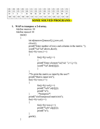 [0]
[0]
[0]
[1]
[0]
[2]
[0]
[3]
[1]
[0]
[1]
[1]
[1]
[2]
[1]
[3]
[2]
[0]
[2]
[1]
[2]
[2]
[2]
[3]
[3]
[0]
[3]
[1]
10 5 6 7 36 94 56 29 83 67 12 69 86 39
100 102 104 106 108 110 112 114 116 118 120 122 124 126
SOME SOLVED PROGRAMS -
1. WAP to transpose a 2-d array.
#define maxrow 10
#define maxcol 10
main()
{
int m[maxrow][maxcol],i,j,row,col;
clrscr();
printf("Enter number of rows and columns in the matrix: ");
scanf("%d %d",&row,&col);
for(i=0;i<row;i++)
{
for(j=0;j<col;j++)
{
printf("Enter element %d,%d: ",i+1,j+1);
scanf("%d",&m[i][j]);
}
}
/*To print the matrix as input by the user*/
printf("Matrix input:nn");
for(i=0;i<row;i++)
{
for(j=0;j<col;j++)
printf("%dt",m[i][j]);
printf("n");
} /*transpose*/
printf("nnTransposed matrixnn");
for(i=0;i<col;i++)
{
for(j=0;j<row;j++)
printf("%dt",m[j][i]);
printf("n");
}
getch();
}
 