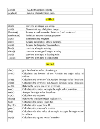 cgets() Reads string from console
getchar() Inputs a character from stdin.
stdlib.h
itoa() converts an integer to a string.
atoi() Converts string of digits to integer.
Random() Returns a random number between 0 and number – 1
randomize() initializes random number generator.
exit() Terminates the program.
min() Returns the smallest of two numbers.
max() Returns the largest of two numbers.
ltoa() converts a long to a string
ultoa() converts an unsigned long to a string
atof() converts a string to a floating point
_atold() converts a string to a long double
math.h
abs() gets the absolute value of an integer
acos() Calculates the inverse of cos Accepts the angle value in
radians
asin() Calculates the inverse of sin Accepts the angle value in radians
atan() Calculates the inverse of tan Accepts the angle value in radians
ceil() Returns the largest integer in given list.
cos() Calculates the cosine Accepts the angle value in radians
cosh() Accepts the angle value in radians
exp() Calculates the exponent
floor() Returns the smallest integer in given list.
log() Calculates the natural logarithm
log10() Calculates the log of base 10
pow() Calculates the power of a number
sin() Calculates the sine value of an angle. Accepts the angle value
in radians
sqrt() Calculates the square root of a number
 