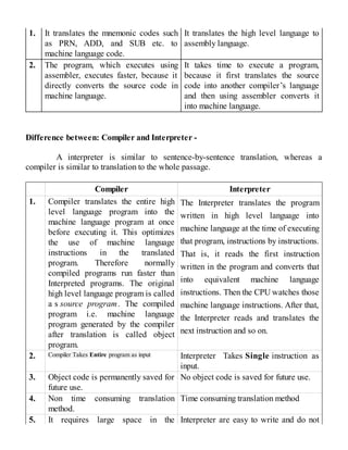 1. It translates the mnemonic codes such
as PRN, ADD, and SUB etc. to
machine language code.
It translates the high level language to
assembly language.
2. The program, which executes using
assembler, executes faster, because it
directly converts the source code in
machine language.
It takes time to execute a program,
because it first translates the source
code into another compiler’s language
and then using assembler converts it
into machine language.
Difference between: Compiler and Interpreter -
A interpreter is similar to sentence-by-sentence translation, whereas a
compiler is similar to translation to the whole passage.
Compiler Interpreter
1. Compiler translates the entire high
level language program into the
machine language program at once
before executing it. This optimizes
the use of machine language
instructions in the translated
program. Therefore normally
compiled programs run faster than
Interpreted programs. The original
high level language program is called
a s source program. The compiled
program i.e. machine language
program generated by the compiler
after translation is called object
program.
The Interpreter translates the program
written in high level language into
machine language at the time of executing
that program, instructions by instructions.
That is, it reads the first instruction
written in the program and converts that
into equivalent machine language
instructions. Then the CPU watches those
machine language instructions. After that,
the Interpreter reads and translates the
next instruction and so on.
2. Compiler Takes Entire program as input Interpreter Takes Single instruction as
input.
3. Object code is permanently saved for
future use.
No object code is saved for future use.
4. Non time consuming translation
method.
Time consuming translation method
5. It requires large space in the Interpreter are easy to write and do not
 