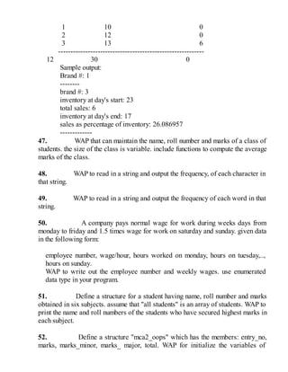 1 10 0
2 12 0
3 13 6
-----------------------------------------------------------
12 30 0
Sample output:
Brand #: 1
--------
brand #: 3
inventory at day's start: 23
total sales: 6
inventory at day's end: 17
sales as percentage of inventory: 26.086957
-------------
47. WAP that can maintain the name, roll number and marks of a class of
students. the size of the class is variable. include functions to compute the average
marks of the class.
48. WAP to read in a string and output the frequency, of each character in
that string.
49. WAP to read in a string and output the frequency of each word in that
string.
50. A company pays normal wage for work during weeks days from
monday to friday and 1.5 times wage for work on saturday and sunday. given data
in the following form:
employee number, wage/hour, hours worked on monday, hours on tuesday,..,
hours on sunday.
WAP to write out the employee number and weekly wages. use enumerated
data type in your program.
51. Define a structure for a student having name, roll number and marks
obtained in six subjects. assume that "all students" is an array of students. WAP to
print the name and roll numbers of the students who have secured highest marks in
each subject.
52. Define a structure "mca2_oops" which has the members: entry_no,
marks, marks_minor, marks_ major, total. WAP for initialize the variables of
 