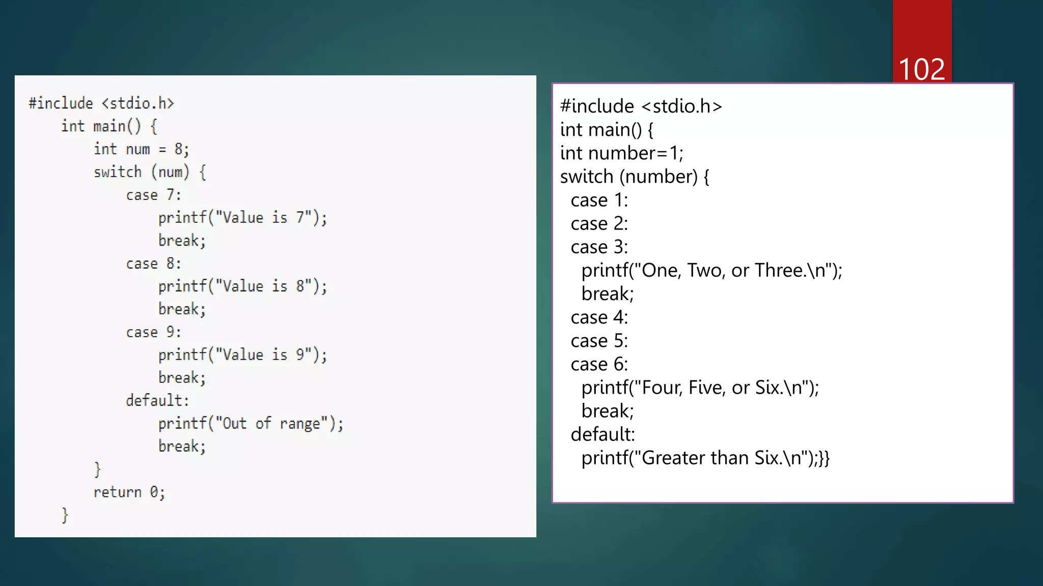 102
#include <stdio.h>
int main() {
int number=1;
switch (number) {
case 1:
case 2:
case 3:
printf("One, Two, or Three.n");
break;
case 4:
case 5:
case 6:
printf("Four, Five, or Six.n");
break;
default:
printf("Greater than Six.n");}}
 