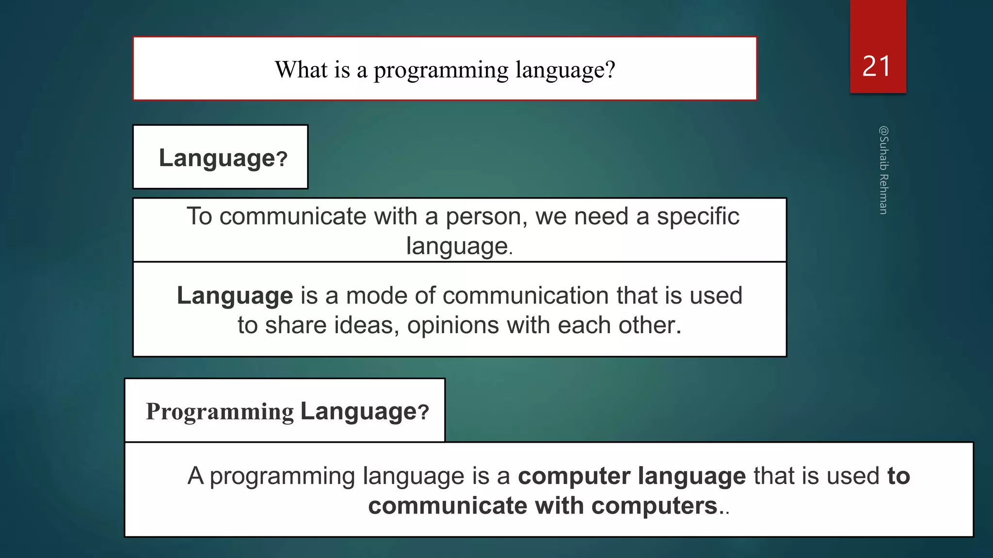 What is a programming language? 21
To communicate with a person, we need a specific
language.
Language is a mode of communication that is used
to share ideas, opinions with each other.
Language?
A programming language is a computer language that is used to
communicate with computers..
Programming Language?
 