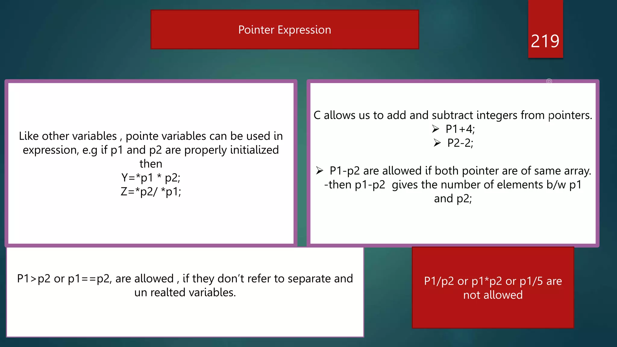 219
Pointer Expression
Like other variables , pointe variables can be used in
expression, e.g if p1 and p2 are properly initialized
then
Y=*p1 * p2;
Z=*p2/ *p1;
C allows us to add and subtract integers from pointers.
 P1+4;
 P2-2;
 P1-p2 are allowed if both pointer are of same array.
-then p1-p2 gives the number of elements b/w p1
and p2;
P1>p2 or p1==p2, are allowed , if they don’t refer to separate and
un realted variables.
P1/p2 or p1*p2 or p1/5 are
not allowed
 