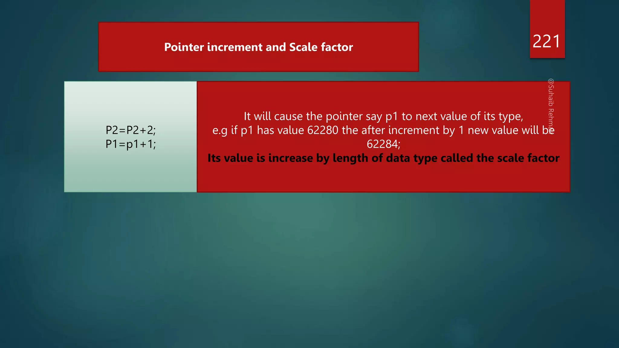 221
Pointer increment and Scale factor
P2=P2+2;
P1=p1+1;
It will cause the pointer say p1 to next value of its type,
e.g if p1 has value 62280 the after increment by 1 new value will be
62284;
Its value is increase by length of data type called the scale factor
 