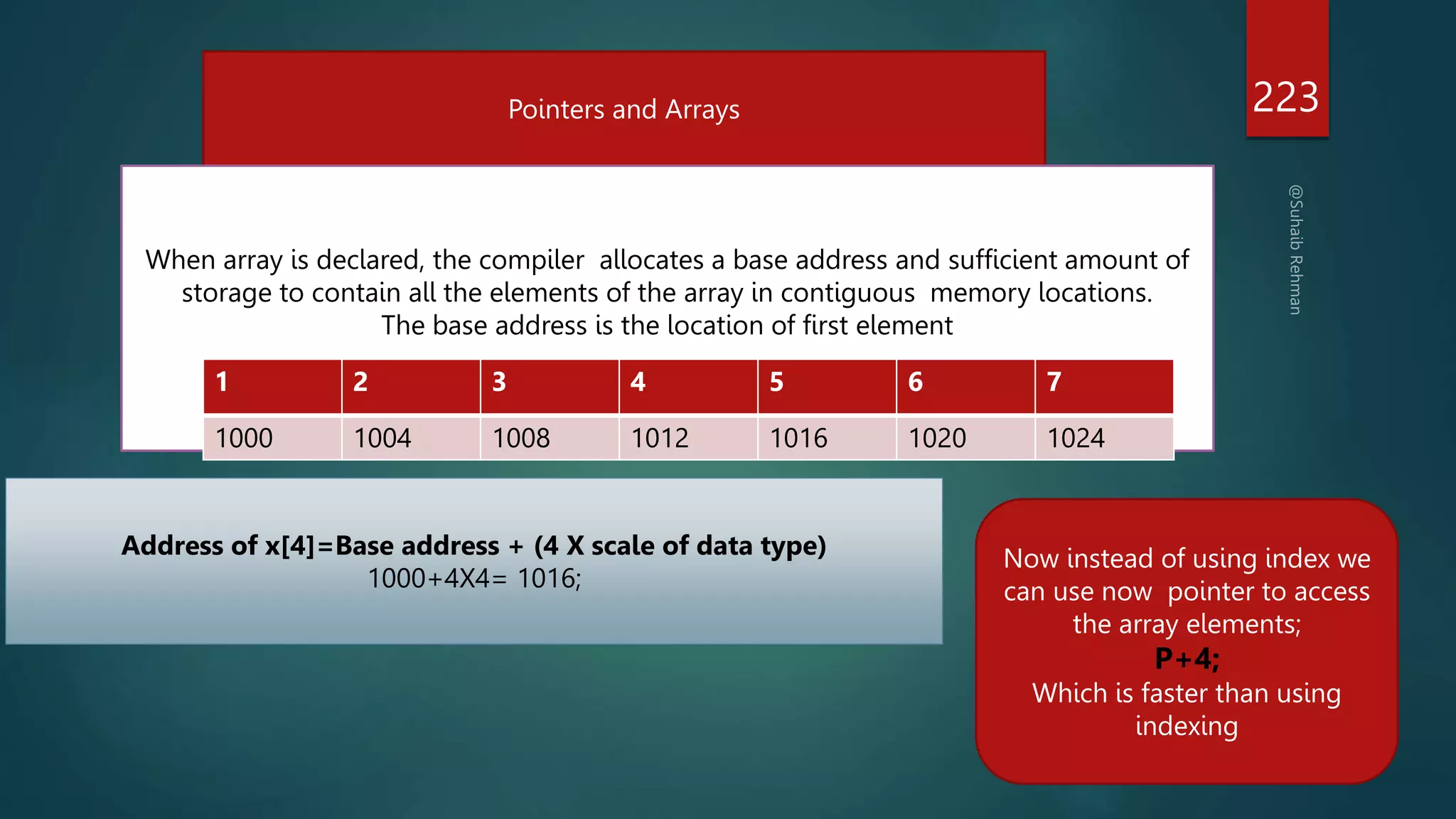 223
Pointers and Arrays
When array is declared, the compiler allocates a base address and sufficient amount of
storage to contain all the elements of the array in contiguous memory locations.
The base address is the location of first element
1 2 3 4 5 6 7
1000 1004 1008 1012 1016 1020 1024
Address of x[4]=Base address + (4 X scale of data type)
1000+4X4= 1016;
Now instead of using index we
can use now pointer to access
the array elements;
P+4;
Which is faster than using
indexing
 