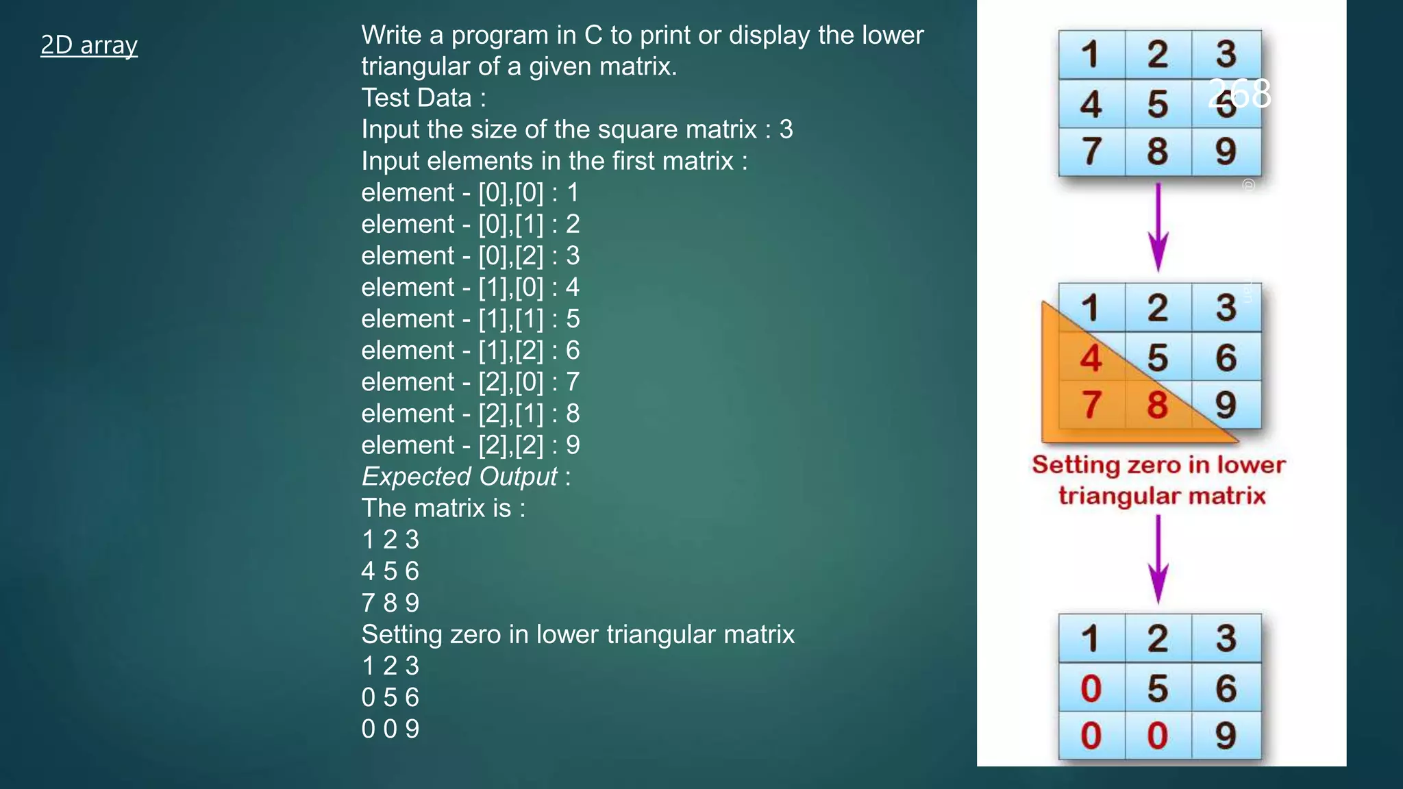 2D array Write a program in C to print or display the lower
triangular of a given matrix.
Test Data :
Input the size of the square matrix : 3
Input elements in the first matrix :
element - [0],[0] : 1
element - [0],[1] : 2
element - [0],[2] : 3
element - [1],[0] : 4
element - [1],[1] : 5
element - [1],[2] : 6
element - [2],[0] : 7
element - [2],[1] : 8
element - [2],[2] : 9
Expected Output :
The matrix is :
1 2 3
4 5 6
7 8 9
Setting zero in lower triangular matrix
1 2 3
0 5 6
0 0 9
268
 