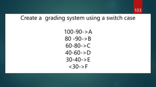 Create a grading system using a switch case
100-90->A
80 -90->B
60-80->C
40-60->D
30-40->E
<30->F
103
 
