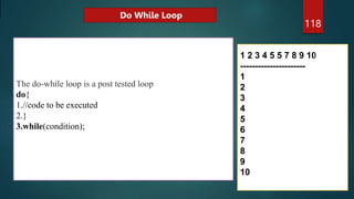 118
The do-while loop is a post tested loop
do{
1.//code to be executed
2.}
3.while(condition);
1 2 3 4 5 5 7 8 9 10
----------------------
1
2
3
4
5
6
7
8
9
10
Do While Loop
 