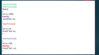 10
100
1000
160
Void fun1(void);
Void fun2(void);
Main()
{
Int m=1000;
Fun2();
printf(%d ,m);
}
Void fn1(void)
{
Int m=10;
Printf(“%d”,m);
}
Void fun2(void)
{
Int m=100;
Fun1();
Printf(“%d”, m);
}
 