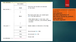 193
C program contains five segments
these are :
text segment.
DS (Data Segment) and
BSS (block started by symbol),
heap segment,
the stack segment
 