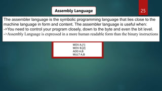 25
The assembler language is the symbolic programming language that lies close to the
machine language in form and content. The assembler language is useful when:
->You need to control your program closely, down to the byte and even the bit level.
->Assembly Language is expressed in a more human readable form than the binary instructions
Assembly Language
.
MOV A,[1]
MOV B,[2]
ADD A,B
MULT A,B
 