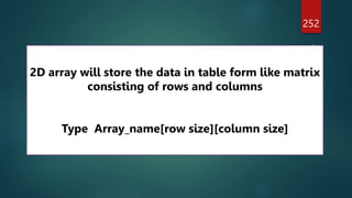 252
2D array will store the data in table form like matrix
consisting of rows and columns
Type Array_name[row size][column size]
 