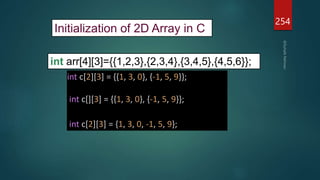 254
Initialization of 2D Array in C
int arr[4][3]={{1,2,3},{2,3,4},{3,4,5},{4,5,6}};
int c[2][3] = {{1, 3, 0}, {-1, 5, 9}};
int c[][3] = {{1, 3, 0}, {-1, 5, 9}};
int c[2][3] = {1, 3, 0, -1, 5, 9};
 