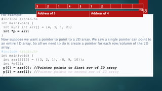 258
For example:
#include <stdio.h>
int main(void) {
int m,n; int arr[] = {4, 3, 1, 2};
int *p = arr;
}
Now suppose we want a pointer to point to a 2D array. We saw a single pointer can point to
an entire 1D array. So all we need to do is create a pointer for each row/column of the 2D
array.
#include <stdio.h>
int main(void) {
int arr[2][3] = {{3, 2, 1}, {8, 9, 10}};
int *p[2];
p[0] = arr[0]; //Pointer points to first row of 2D array
p[1] = arr[1]; //Pointer points to second row of 2D array
}
Address of 3 Address of 4
3 2 1 4 3 1 2
 
