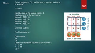 2D array Write a program in C to find the sum of rows and columns
of a matrix.
Test Data :
Input the size of the square matrix : 2
Input elements in the first matrix :
element - [0],[0] : 5
element - [0],[1] : 6
element - [1],[0] : 7
element - [1],[1] : 8
Expected Output :
The First matrix is :
The matrix is :
5 6
7 8
The sum or rows and columns of the matrix is :
5 6 11
7 8 15
12 14
267
 