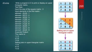 2D array Write a program in C to print or display an upper
triangular matrix.
Test Data :
Input the size of the square matrix : 3
Input elements in the first matrix :
element - [0],[0] : 1
element - [0],[1] : 2
element - [0],[2] : 3
element - [1],[0] : 4
element - [1],[1] : 5
element - [1],[2] : 6
element - [2],[0] : 7
element - [2],[1] : 8
element - [2],[2] : 9
Expected Output :
The matrix is :
1 2 3
4 5 6
7 8 9
Setting zero in upper triangular matrix
1 0 0
4 5 0
7 8 9
269
 