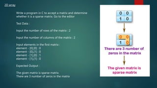 2D array
Write a program in C to accept a matrix and determine
whether it is a sparse matrix. Go to the editor
Test Data :
Input the number of rows of the matrix : 2
Input the number of columns of the matrix : 2
Input elements in the first matrix :
element - [0],[0] : 0
element - [0],[1] : 0
element - [1],[0] : 1
element - [1],[1] : 0
Expected Output :
The given matrix is sparse matrix.
There are 3 number of zeros in the matrix
271
 