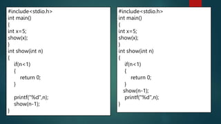 281
#include<stdio.h>
int main()
{
int x=5;
show(x);
}
int show(int n)
{
if(n<1)
{
return 0;
}
printf("%d",n);
show(n-1);
}
#include<stdio.h>
int main()
{
int x=5;
show(x);
}
int show(int n)
{
if(n<1)
{
return 0;
}
show(n-1);
printf("%d",n);
}
 
