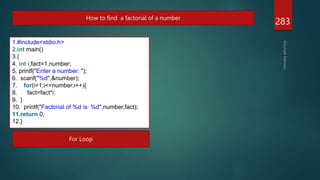 283
How to find a factorial of a number
1.#include<stdio.h>
2.int main()
3.{
4. int i,fact=1,number;
5. printf("Enter a number: ");
6. scanf("%d",&number);
7. for(i=1;i<=number;i++){
8. fact=fact*i;
9. }
10. printf("Factorial of %d is: %d",number,fact);
11.return 0;
12.}
For Loop
 