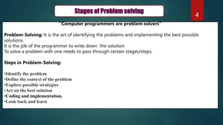 4
Stages of Problem solving
“Computer programmers are problem solvers”
Problem-Solving: It is the act of identifying the problems and implementing the best possible
solutions.
It is the job of the programmer to write down the solution
To solve a problem with one needs to pass through certain stages/steps.
Steps in Problem-Solving:
•Identify the problem
•Define the context of the problem
•Explore possible strategies
•Act on the best solution
•Coding and implementation.
•Look back and learn
 