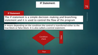 76
IF Statement:
The if statement is a simple decision-making and branching
statement and it is used to control the flow of the program
execution.
IF Statement
It means depending on the condition the control is transferred either to the
true block or false block. It is also called a control statement.
Condition
check
True
False
 