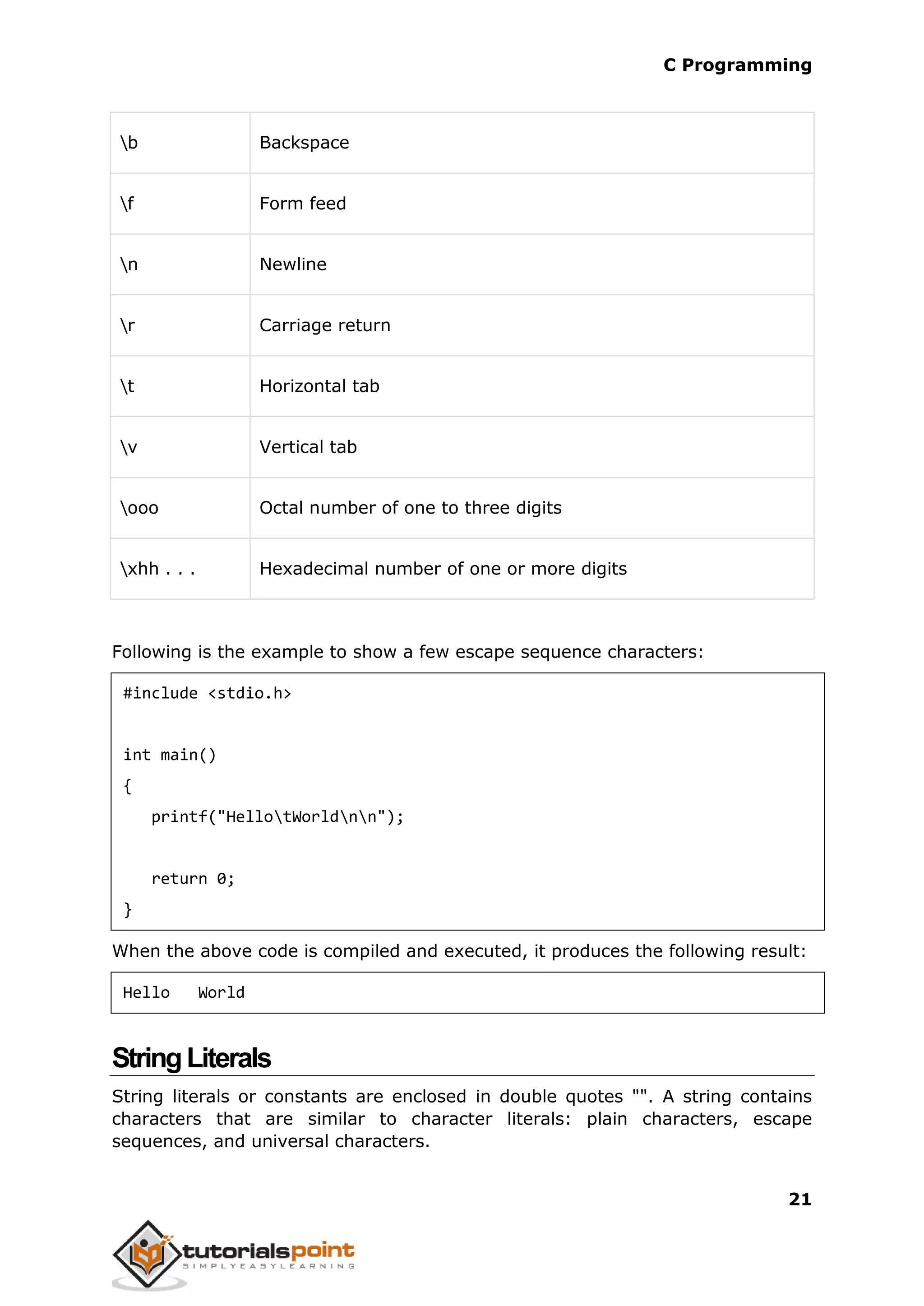 C Programming 21 b Backspace f Form feed n Newline r Carriage return t Horizontal tab v Vertical tab ooo Octal number of one to three digits xhh . . . Hexadecimal number of one or more digits Following is the example to show a few escape sequence characters: #include <stdio.h> int main() { printf("HellotWorldnn"); return 0; } When the above code is compiled and executed, it produces the following result: Hello World StringLiterals String literals or constants are enclosed in double quotes "". A string contains characters that are similar to character literals: plain characters, escape sequences, and universal characters. 