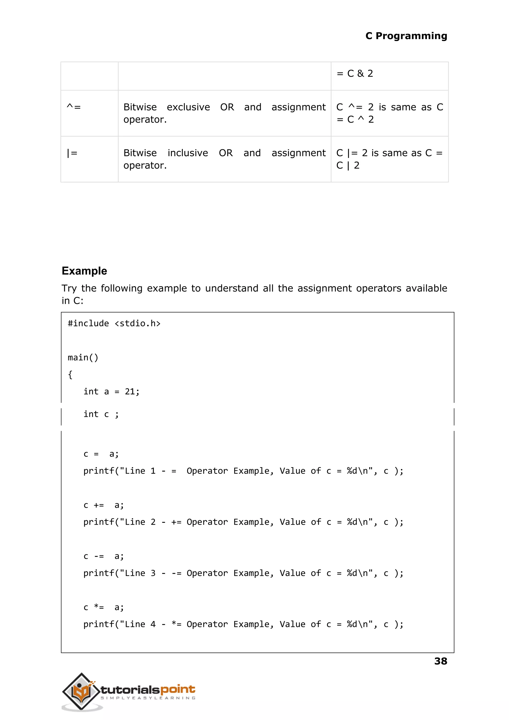C Programming 38 = C & 2 ^= Bitwise exclusive OR and assignment operator. C ^= 2 is same as C = C ^ 2 |= Bitwise inclusive OR and assignment operator. C |= 2 is same as C = C | 2 Example Try the following example to understand all the assignment operators available in C: #include <stdio.h> main() { int a = 21; int c ; c = a; printf("Line 1 - = Operator Example, Value of c = %dn", c ); c += a; printf("Line 2 - += Operator Example, Value of c = %dn", c ); c -= a; printf("Line 3 - -= Operator Example, Value of c = %dn", c ); c *= a; printf("Line 4 - *= Operator Example, Value of c = %dn", c ); 